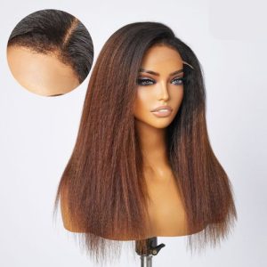 Ombre Brown Kinky Straight Full Lace Human Hair Wig - 1