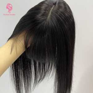 Black Silk Base Human Hair Topper With Bangs