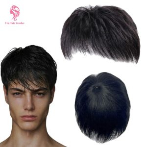 Black Silk Base Human Hair Toppers For Men