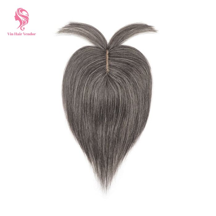 Grey Salt And Pepper Silk Base Human Hair Topper With Bangs