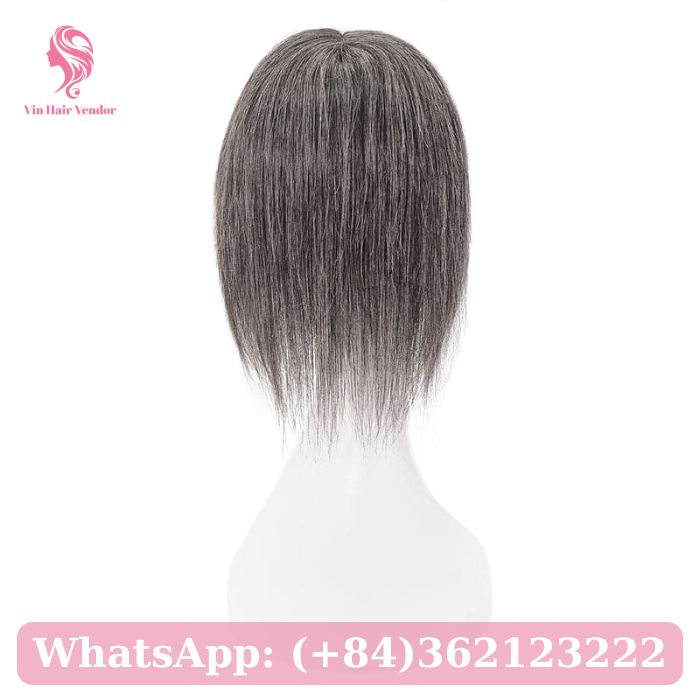 Grey Salt And Pepper Silk Base Human Hair Topper With Bangs 1