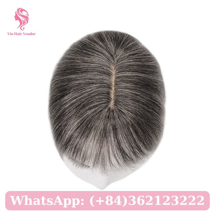 Grey Salt And Pepper Silk Base Human Hair Topper With Bangs 2
