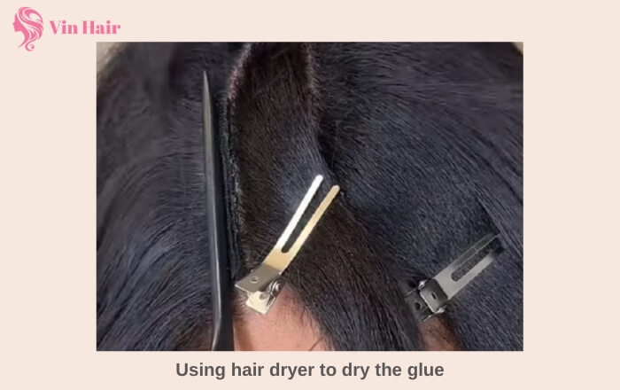 Applying weaves onto hair and drying the hair