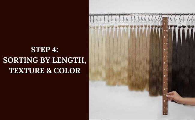 Following drying, the hair is hand-sorted by length, texture, and color